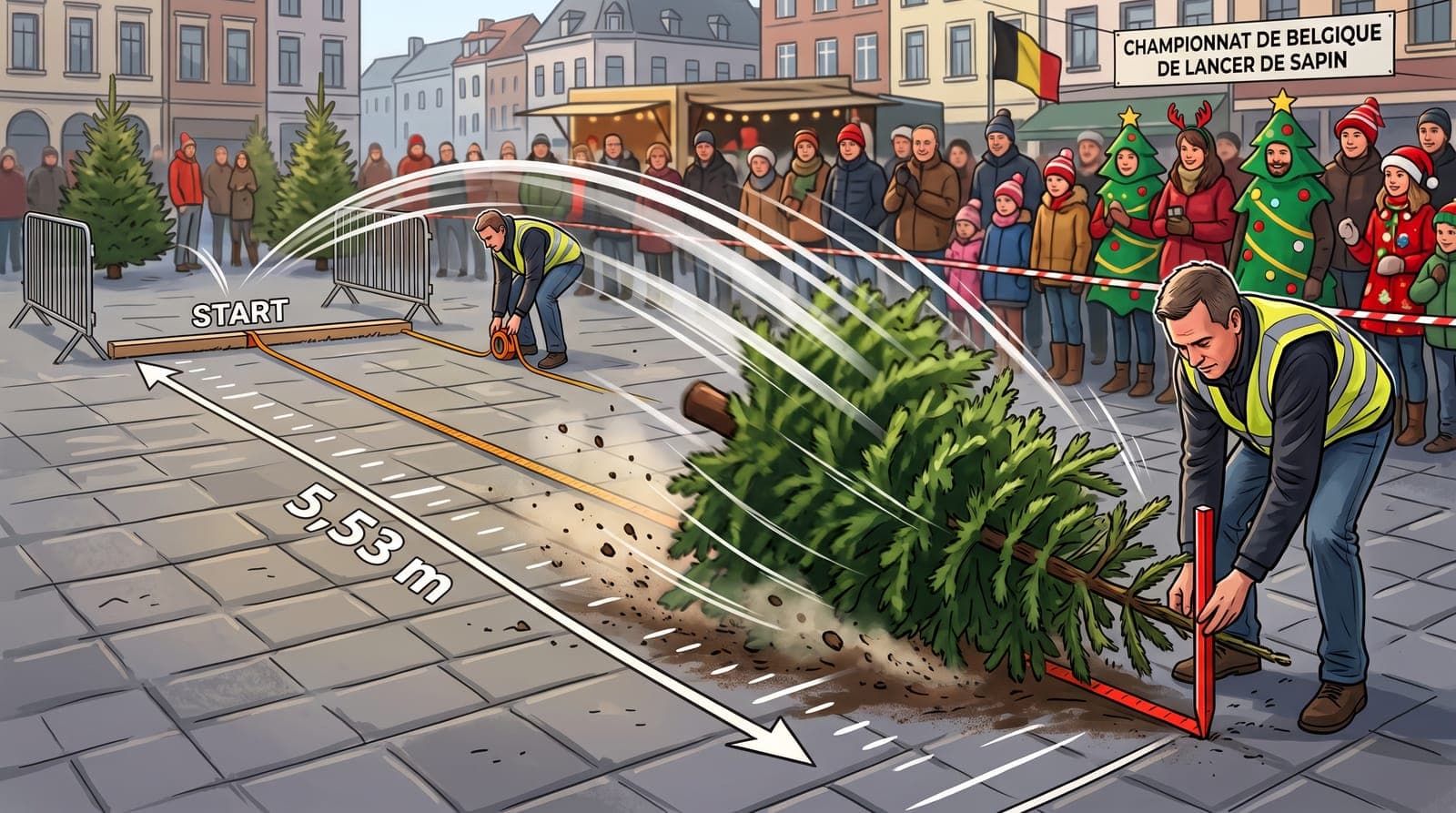 De afstand loopt van de startlat (START) tot het verste punt van de kerstboom, gemarkeerd met een paaltje.